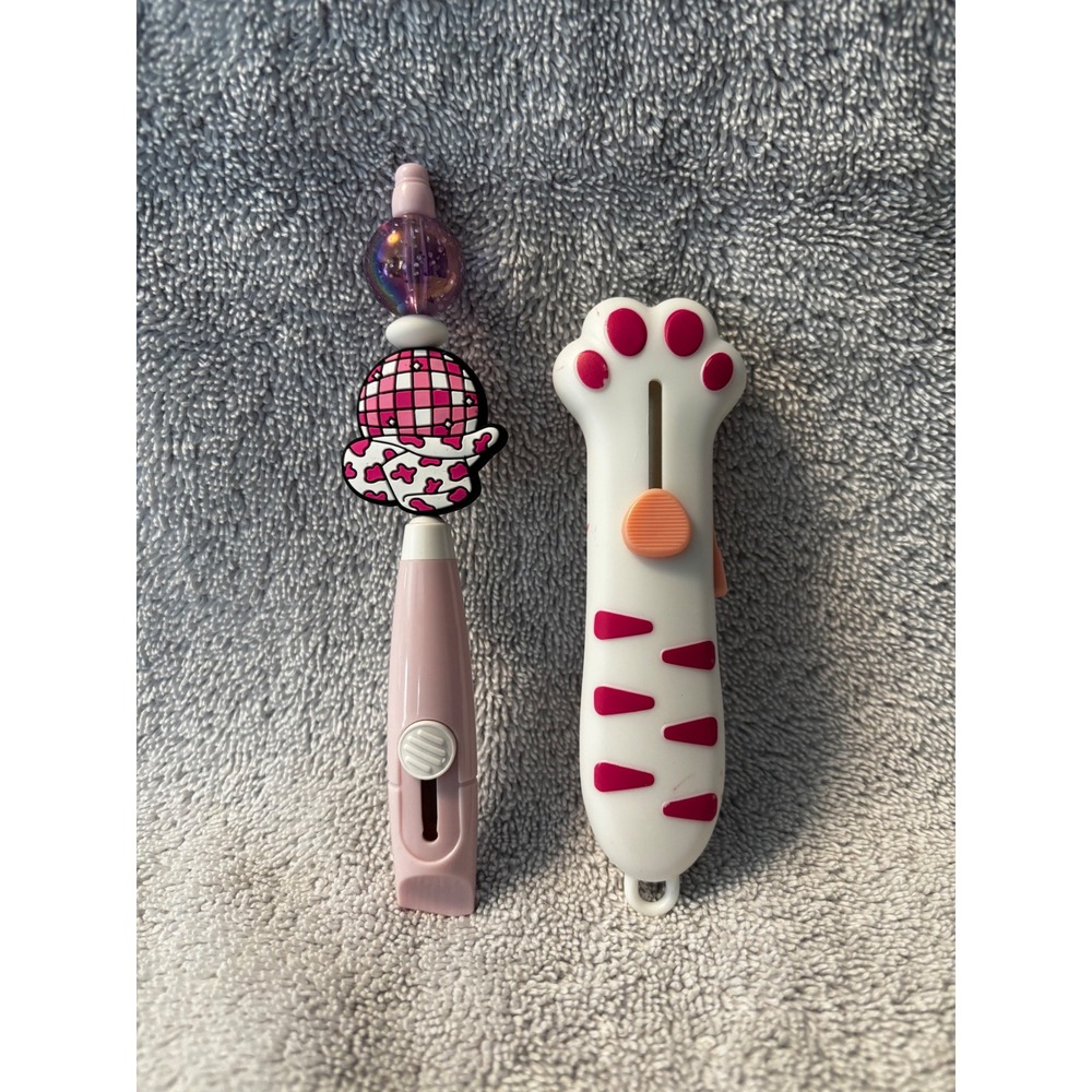 2pc‎ Cute Retractable Box Cutter Set Pink Disco Cowboy Hat & Cat Paw Stationery